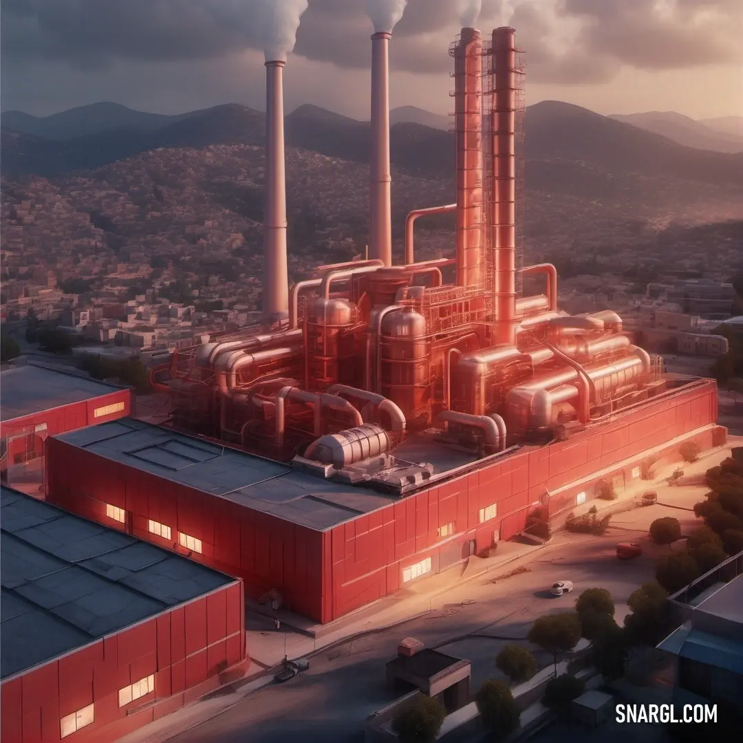 Factory with smoke stacks and pipes on a cloudy day with mountains in the background. Example of CMYK 0,88,70,0 color.