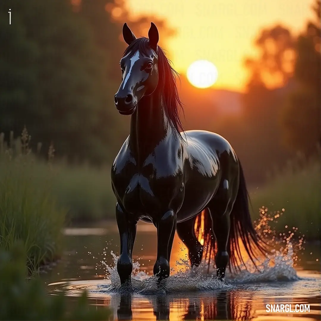 A serene depiction of a horse standing gracefully in water during sunset or dawn, its silhouette reflecting beautifully in the shimmering surface. The warm colors of the sky create a breathtaking backdrop for this tranquil scene.