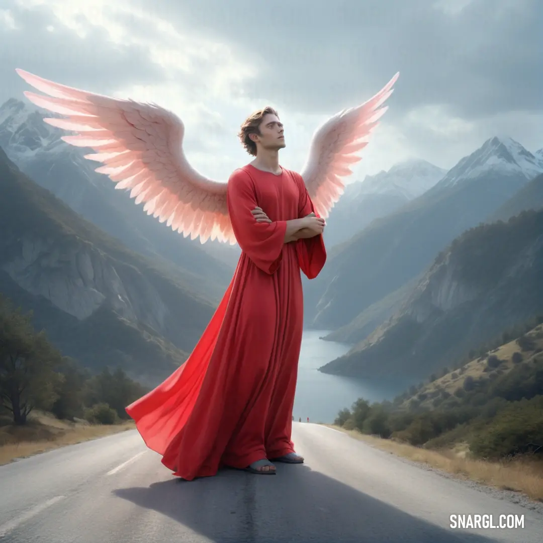 Man in a red dress with wings standing on a road with mountains in the background. Color CMYK 0,88,70,0.
