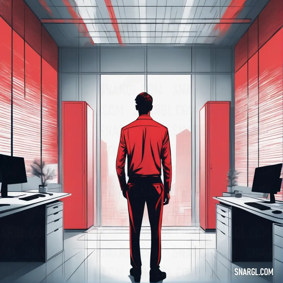 A confident man dressed in a striking red suit stands in a modern office space with vibrant red walls. A sleek desk with a high-tech computer enhances the ambiance, reflecting a bold and professional lifestyle.