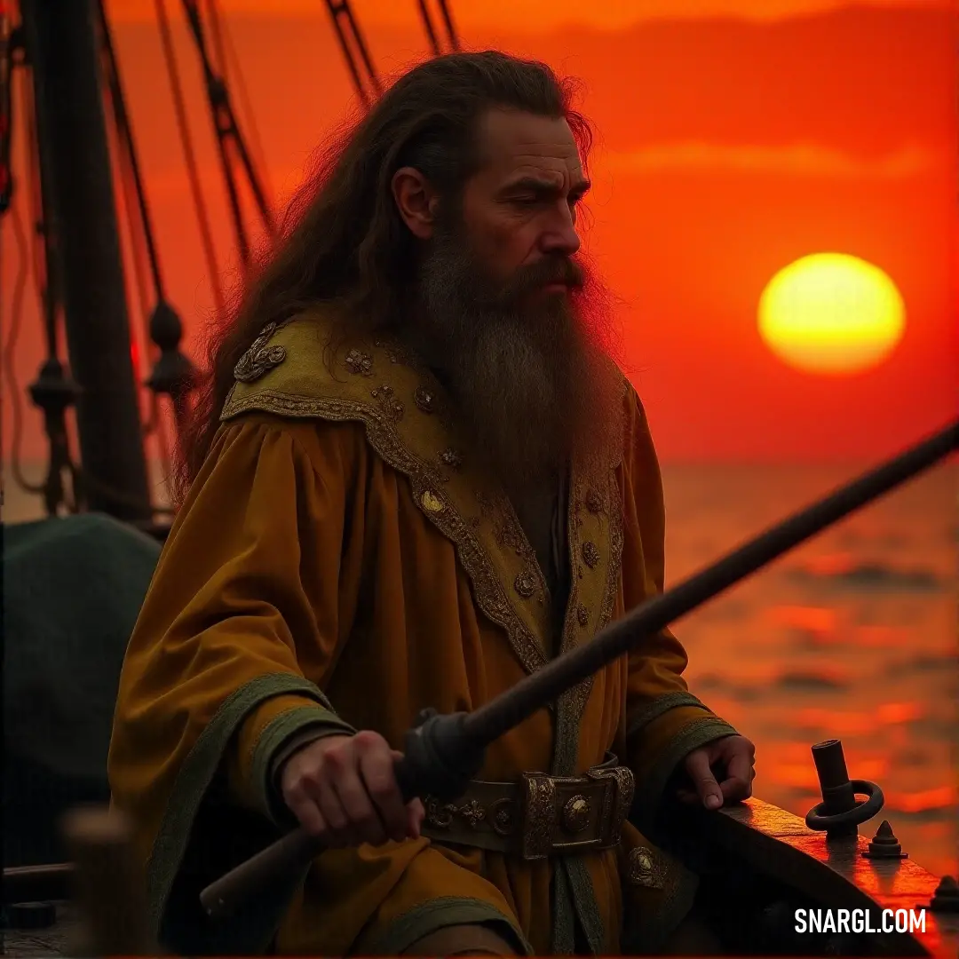 In a magical moment, a man with a long beard stands atop a boat, the ocean around him reflecting the warm hues of a sunset, as he holds a crystal ball that glimmers with potential.