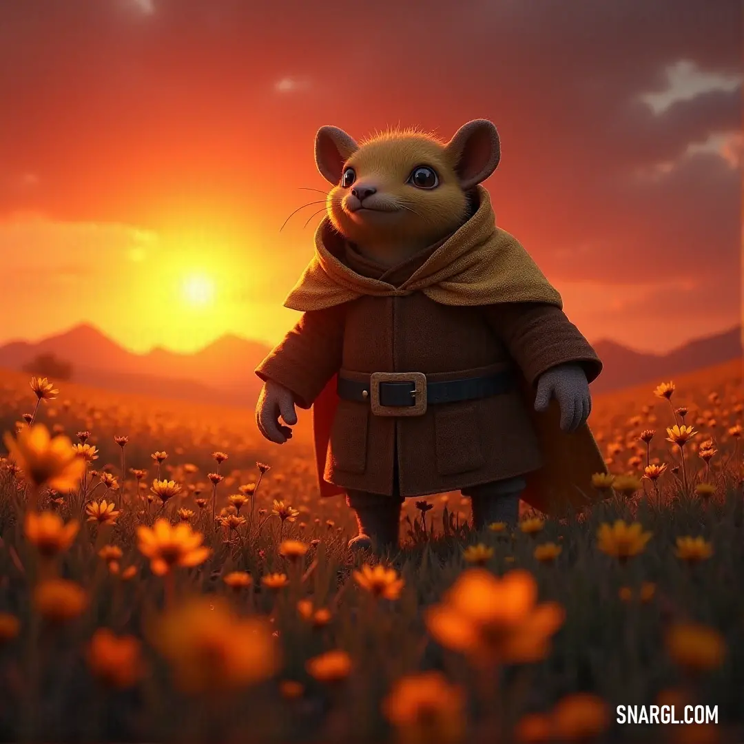 A cheerful cartoon mouse frolics among colorful flowers beneath a breathtaking sunset, as the rich red sky adds a joyful and vibrant atmosphere to this whimsical landscape.