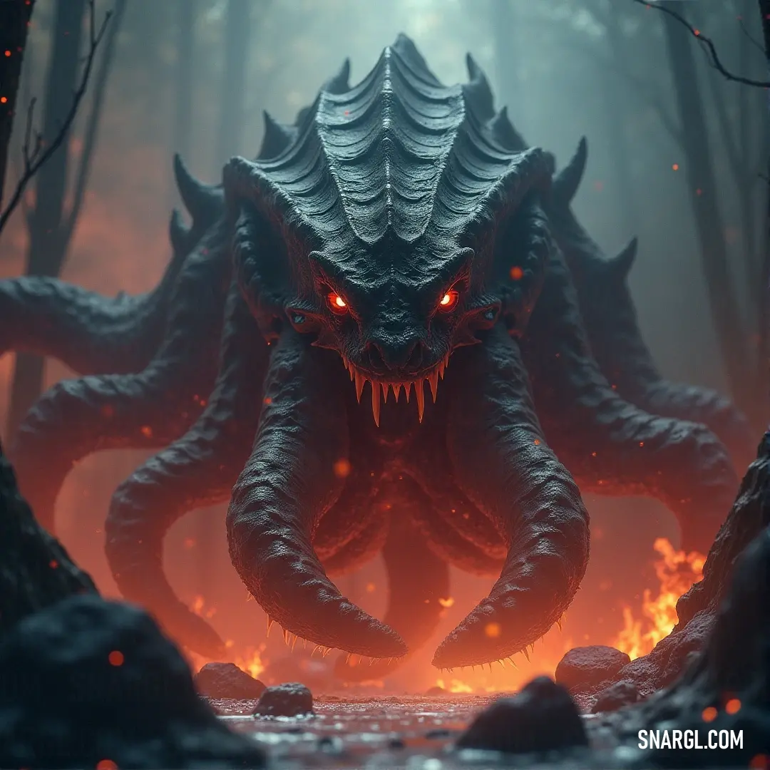 A dramatic scene showcasing a demonic creature with glowing eyes amidst a fiery forest, surrounded by jagged rocks and crimson flames. The intense atmosphere amplifies the creature's fierce presence, evoking a sense of urgency and drama.