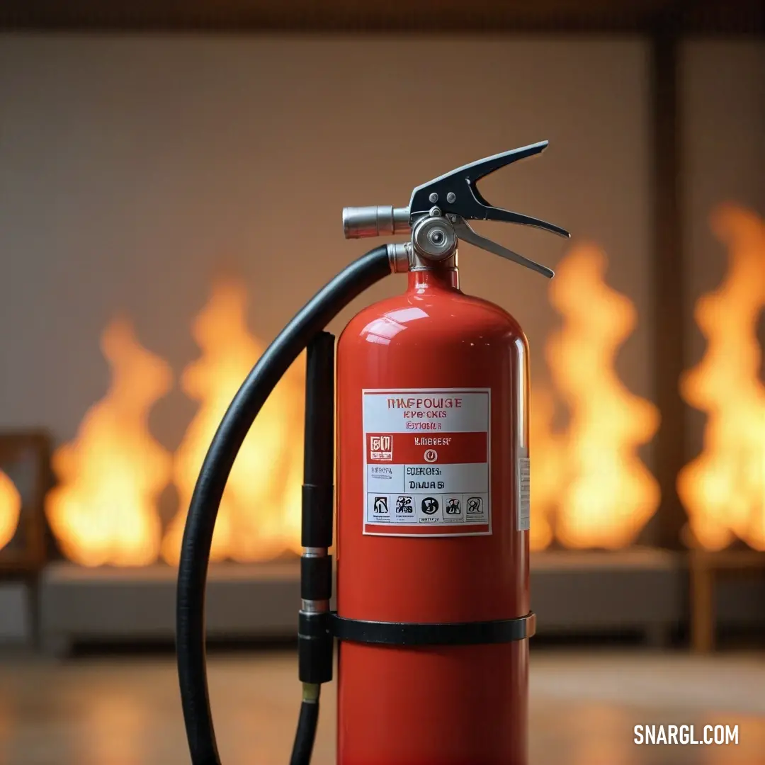 A vivid red fire extinguisher dominates the scene, placed strategically on a table while vivid flames flicker in the background, creating an urgent and dramatic atmosphere.