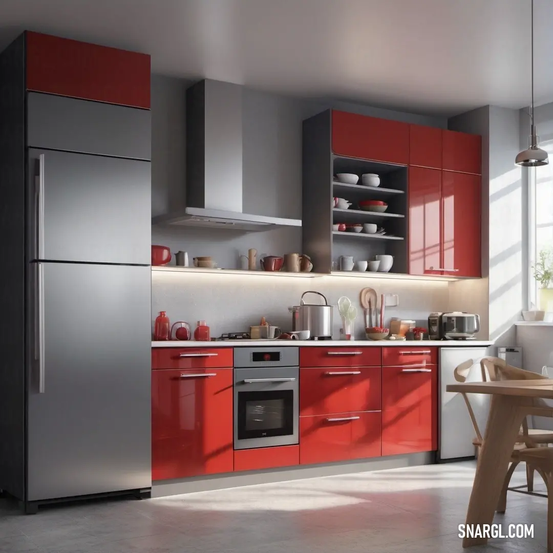 A cozy kitchen scene featuring a charming table paired with a sleek refrigerator. The window reveals a picturesque outdoor view, filling the space with warm, natural light that invites creativity in culinary endeavors.