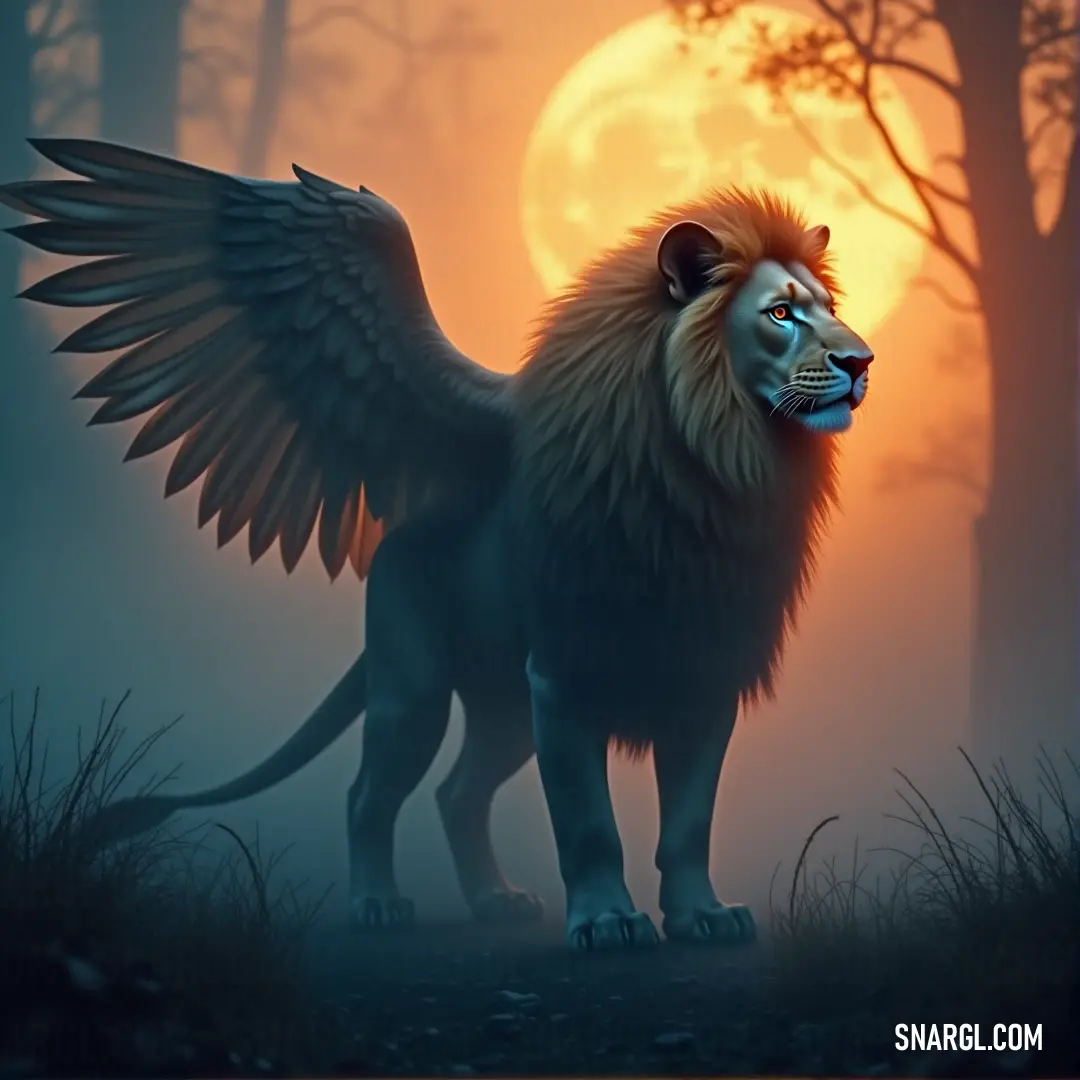 A majestic lion with magnificent wings stands regal and proud amid a mystical forest, bathed in moonlight that creates an enchanting night scene.