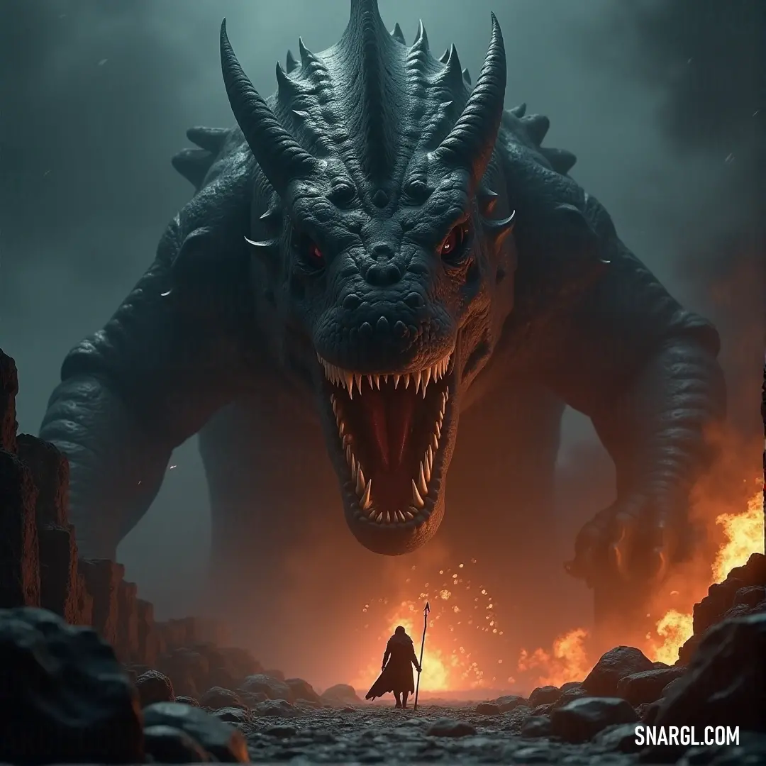 A heroic figure stands defiantly in front of a colossal dragon, sword raised high as flames flicker in the backdrop, creating a dramatic aura of bravery and adventure.