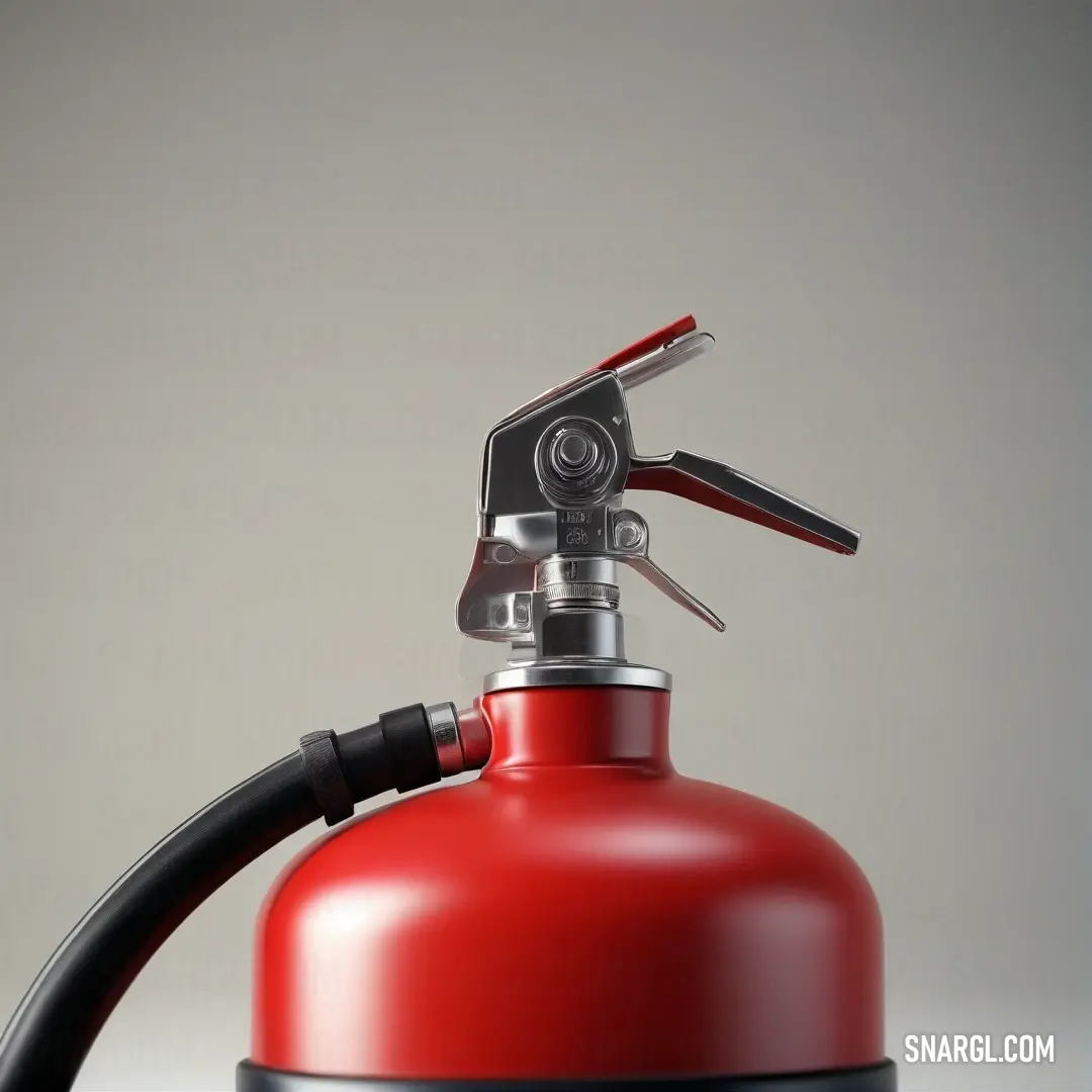 A bright red fire extinguisher stands prominently against a neutral gray backdrop, featuring a sleek black hose that signals readiness for emergencies.