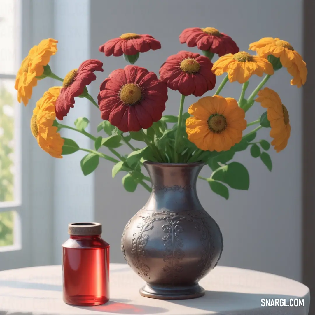 A charming vase overflowing with flowers graces a table, accompanied by a jar of oil. The exquisite arrangement adds life to the scene, highlighting both natural beauty and a touch of practicality in everyday decor.