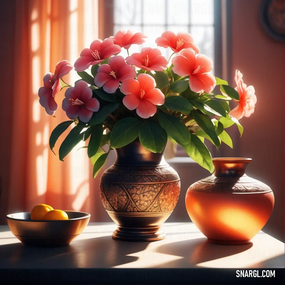 An elegant vase filled with a colorful array of flowers sits atop a table, accompanied by a bowl of fresh fruit, all framed by soft curtains filtering natural light. This composition creates a homely, inviting atmosphere.