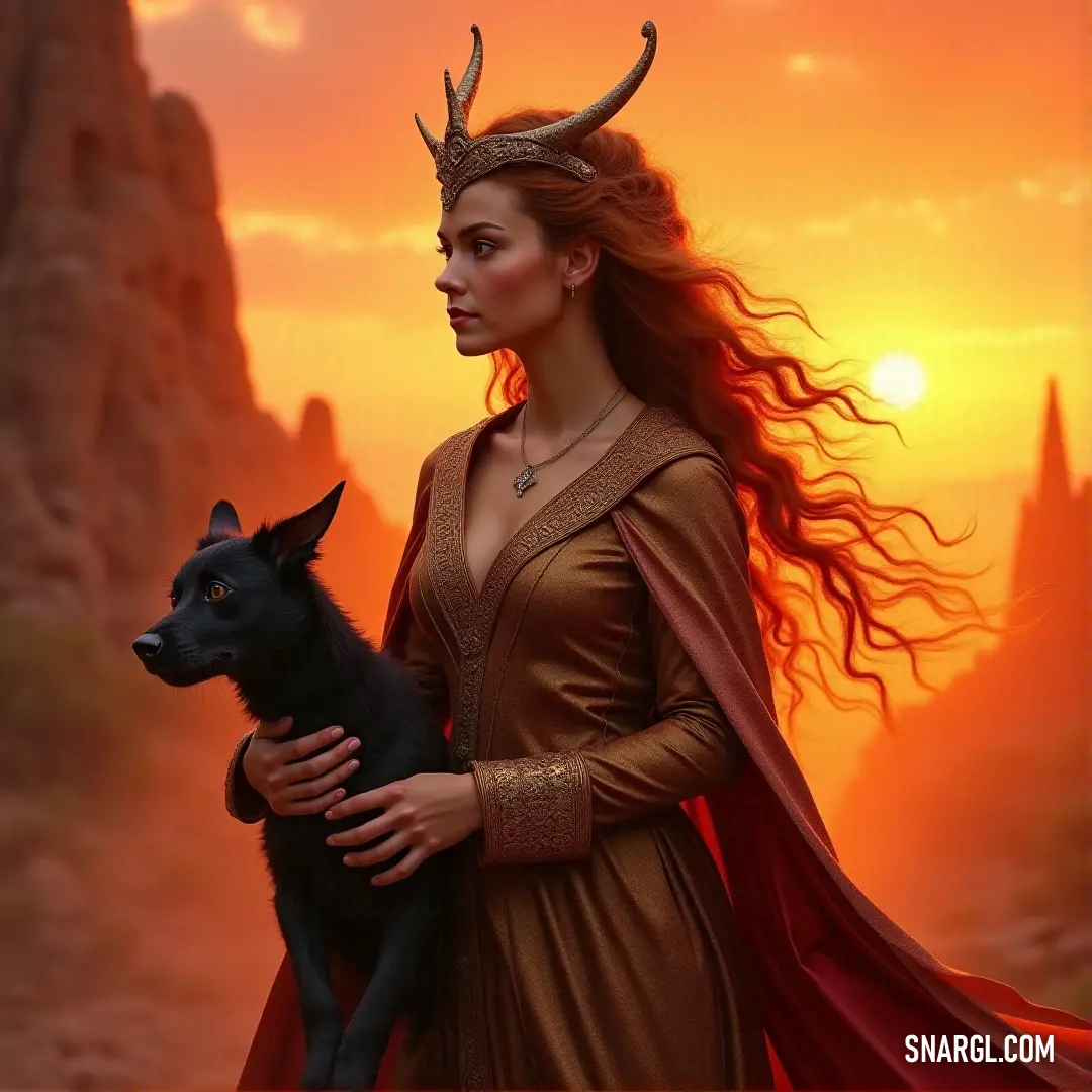 A serene woman in a flowing brown dress cradles a loyal black dog, framed by a stunning sunset that casts vibrant hues over the mountains and rocks, capturing a moment of tranquility and connection.