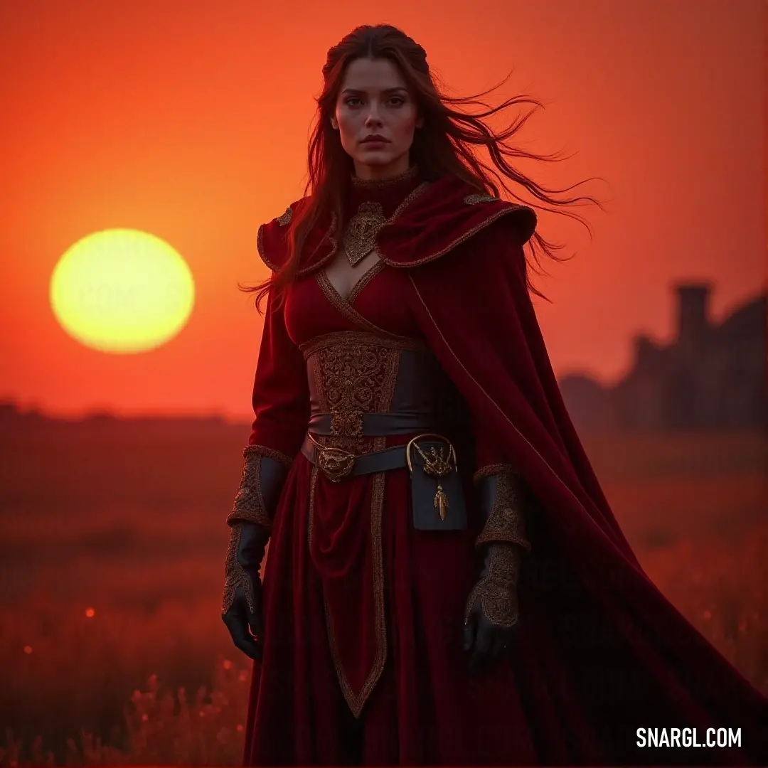 A captivating woman in a striking red dress stands in a sunlit field during sunset, with a deep scarlet sky and a distant castle, evoking a sense of allure, strength, and timeless beauty.