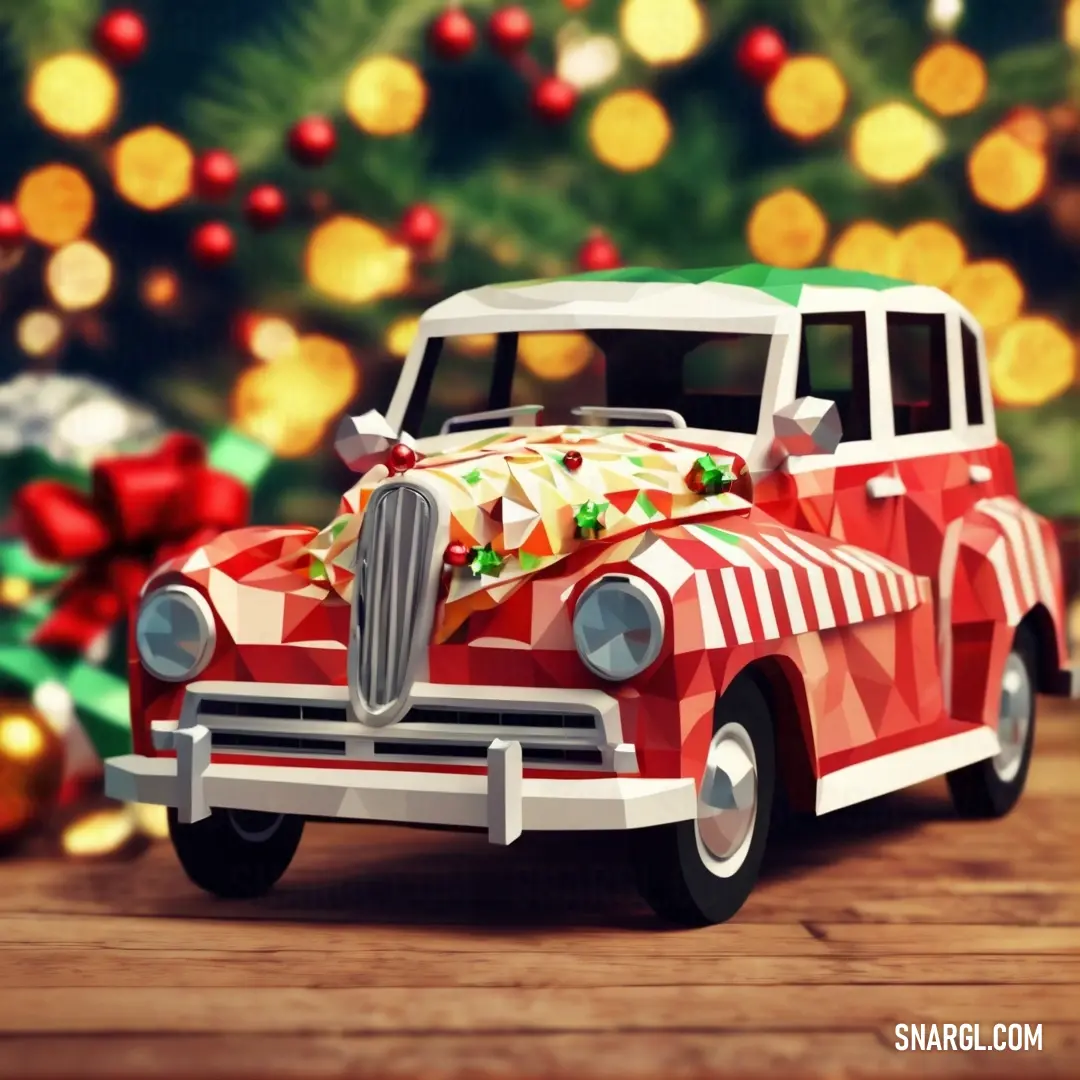 Red car with a christmas present on the hood and a christmas tree in the background. Color RGB 232,63,65.