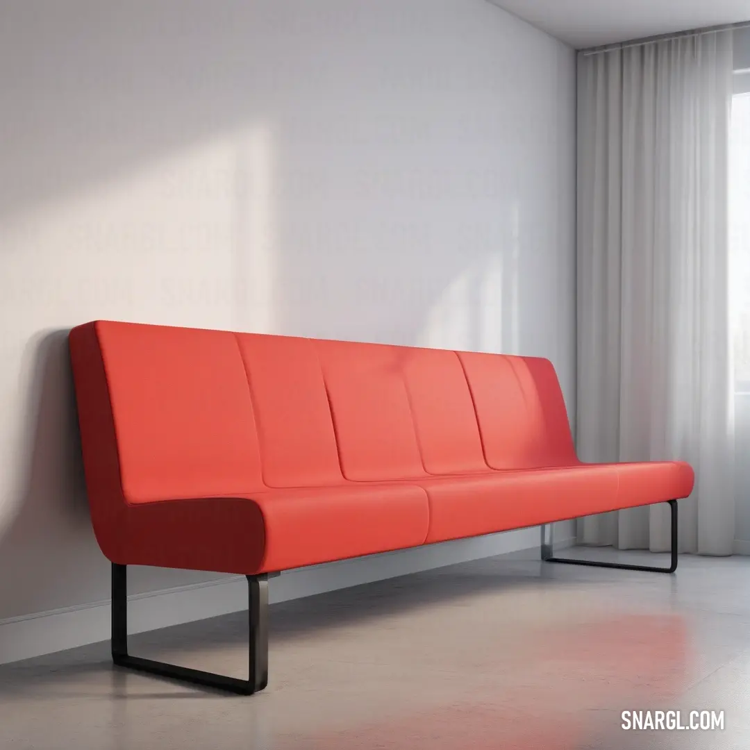 A sophisticated red couch is beautifully positioned in front of a window, adorned with curtains and a white wall, creating a refined and airy living space.