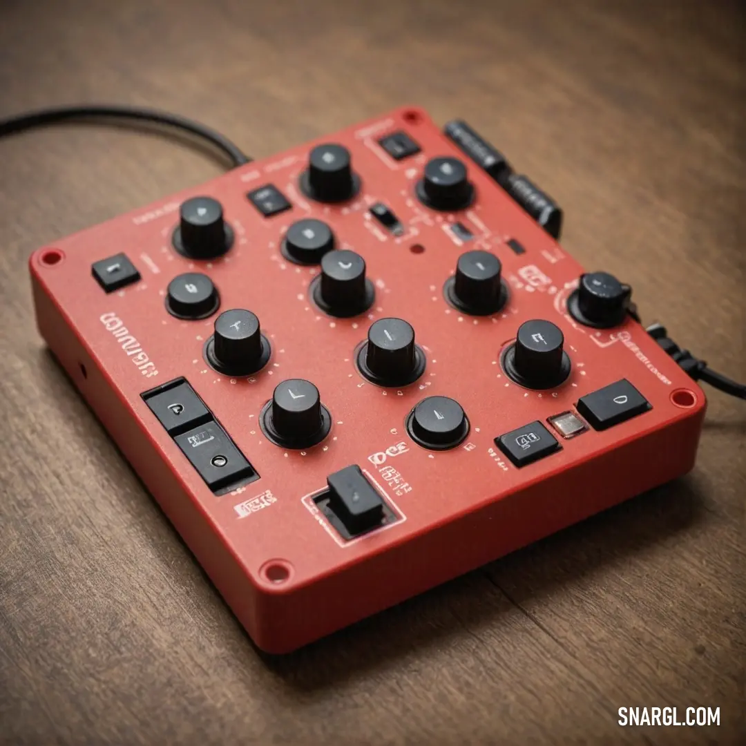 A striking red electronic device rests on a polished wooden table, its side cord suggesting connectivity and modern technology, inviting intrigue about its features.