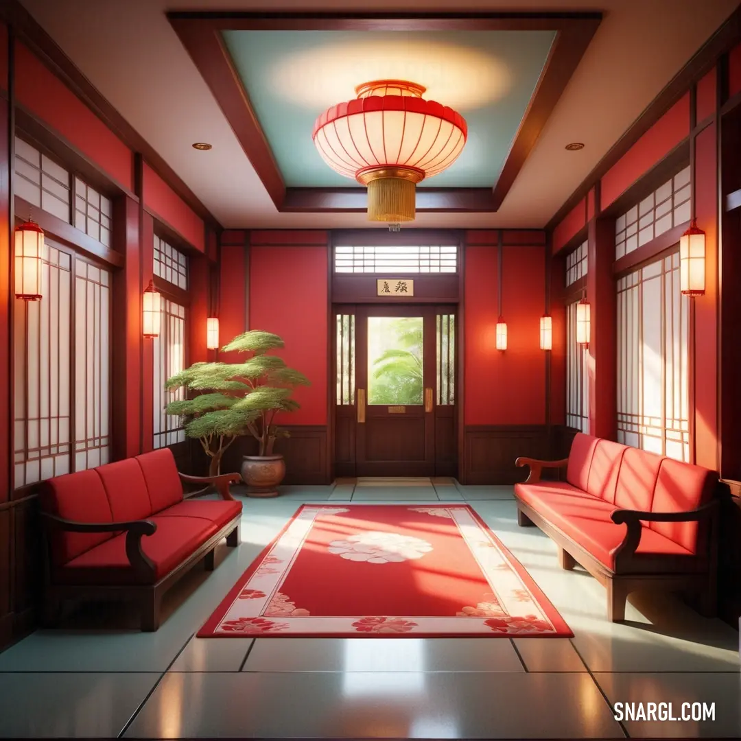 A chic room adorned with luxurious red couches, a plush red rug, and a stylish lamp hanging from the ceiling. This image portrays a rich yet comfortable atmosphere, perfect for relaxation and social gatherings.