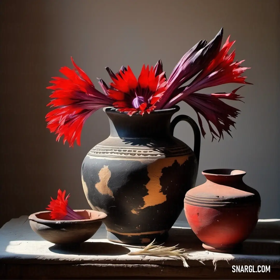 Vase with a flower in it and two bowls with one flower in it on a table with a shadow. Example of NCS S 1070-Y90R color.