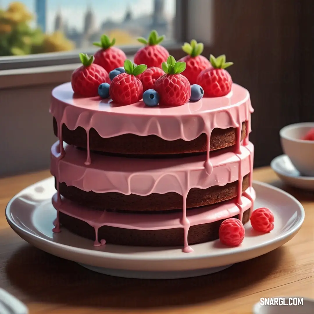 NCS S 1080-R color. Cake with raspberries and chocolate icing on a plate with a cup of coffee and a window in the background