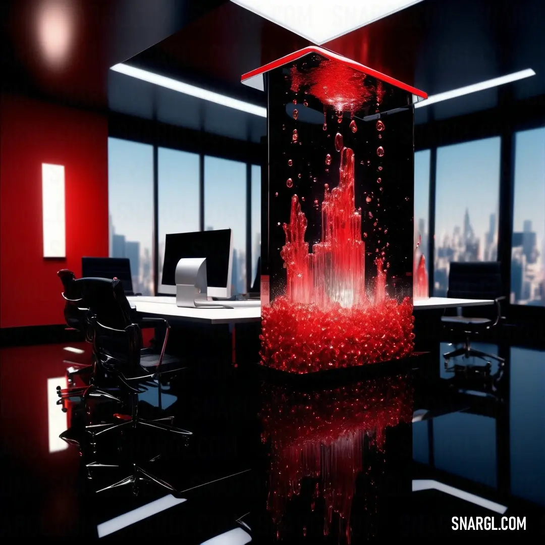 NCS S 1080-R color. Room with a desk and a computer monitor on it with a red liquid fountain in the center of the room