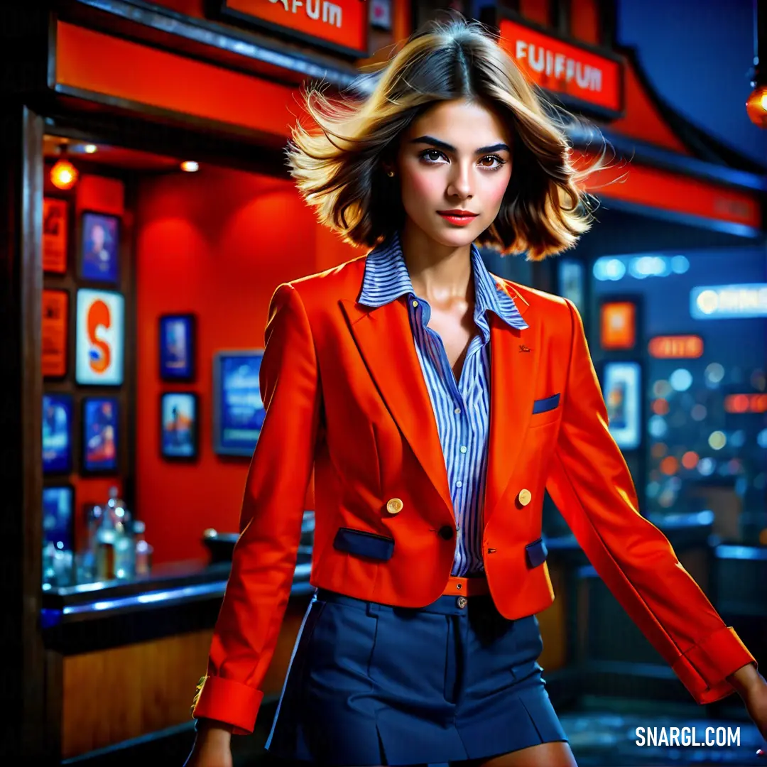 NCS S 1080-R color example: Woman in a red jacket and blue skirt walking down a street at night with a red light behind her