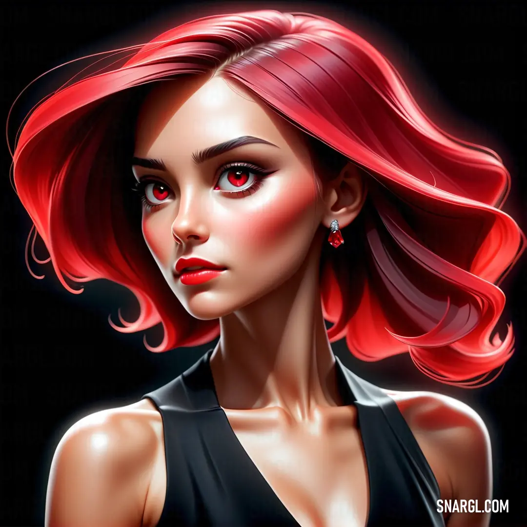 Woman with red hair and a black dress is looking at the camera with a serious look on her face. Color #BF002A.