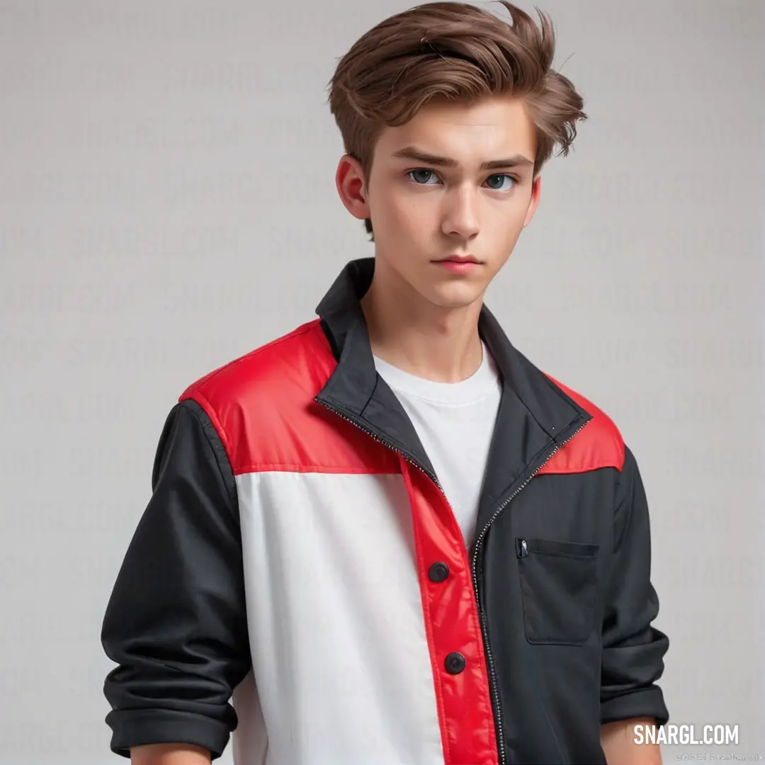 Young man wearing a red and black jacket and white shirt with a black and red jacket on his shoulders. Color #BF002A.