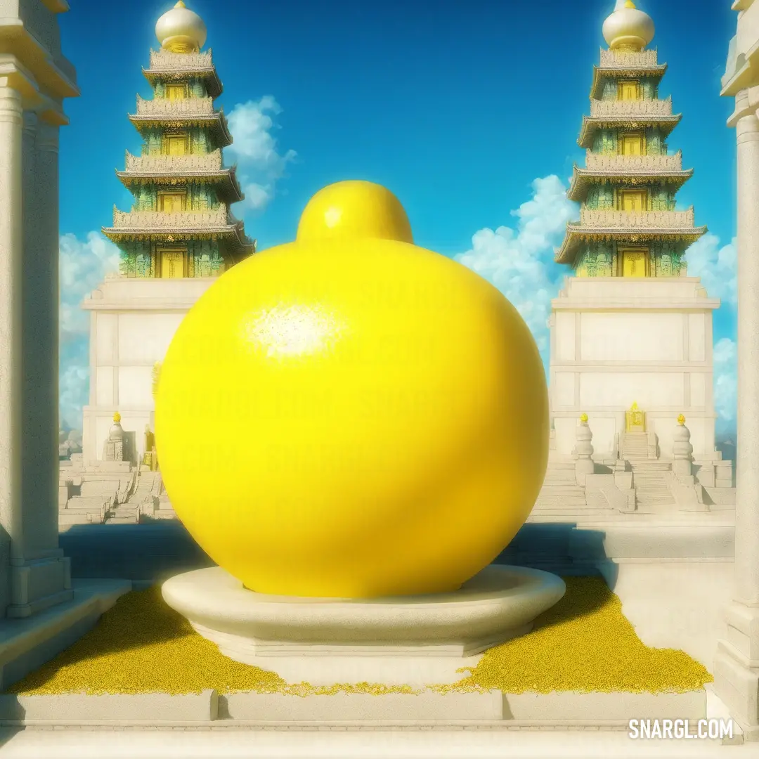 NCS S 1080-Y color example: Large yellow ball on top of a white pedestal in front of a building with tall towers in the background
