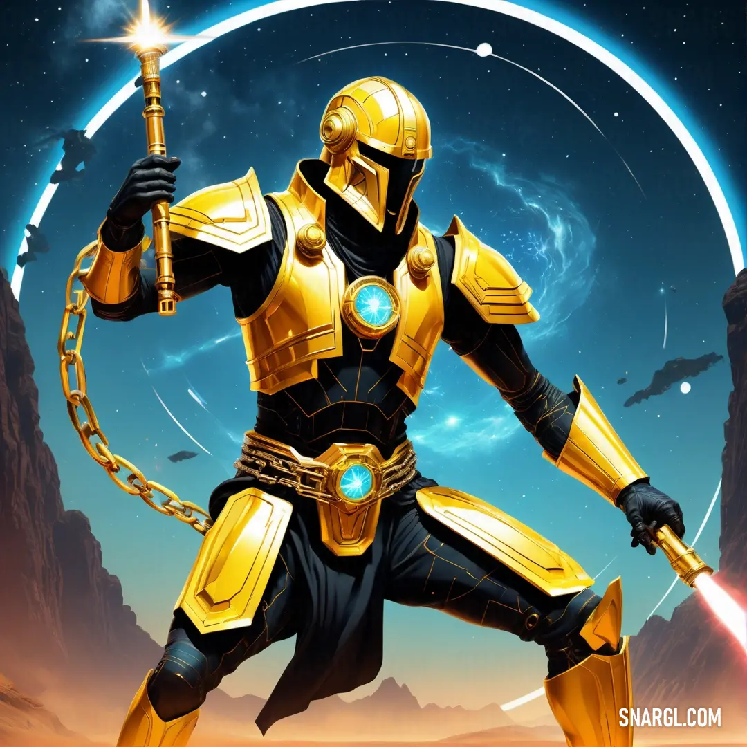 NCS S 1080-Y color. Man in a yellow and black suit holding a sword and a light saber in his hand and a planet in the background