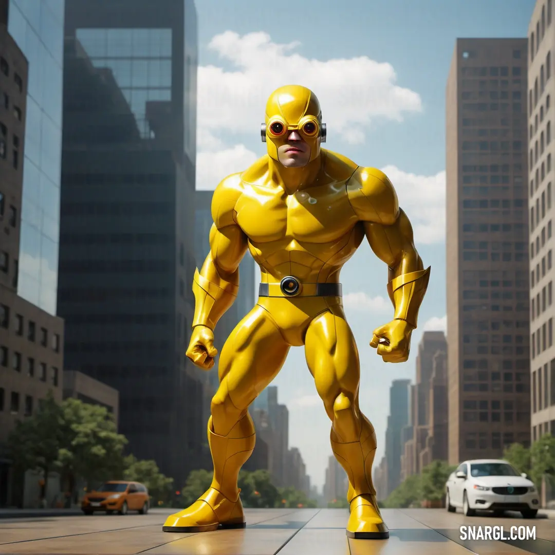 Man in a yellow suit standing on a sidewalk in front of tall buildings with a car in the background. Color RGB 236,188,0.