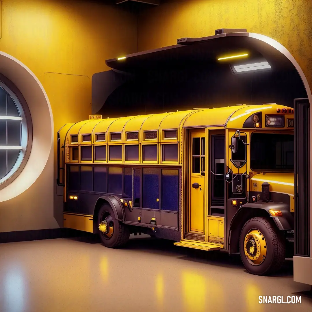 Yellow and black school bus parked in a garage with a round window in the background. Example of #ECBC00 color.