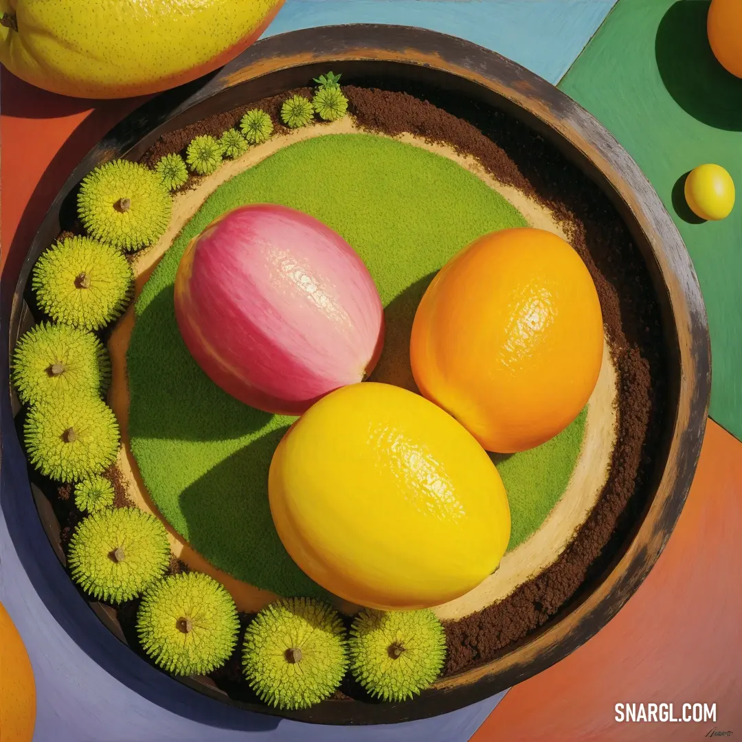 NCS S 1080-Y color. Painting of a bowl of fruit and a bowl of oranges and kiwis on a table