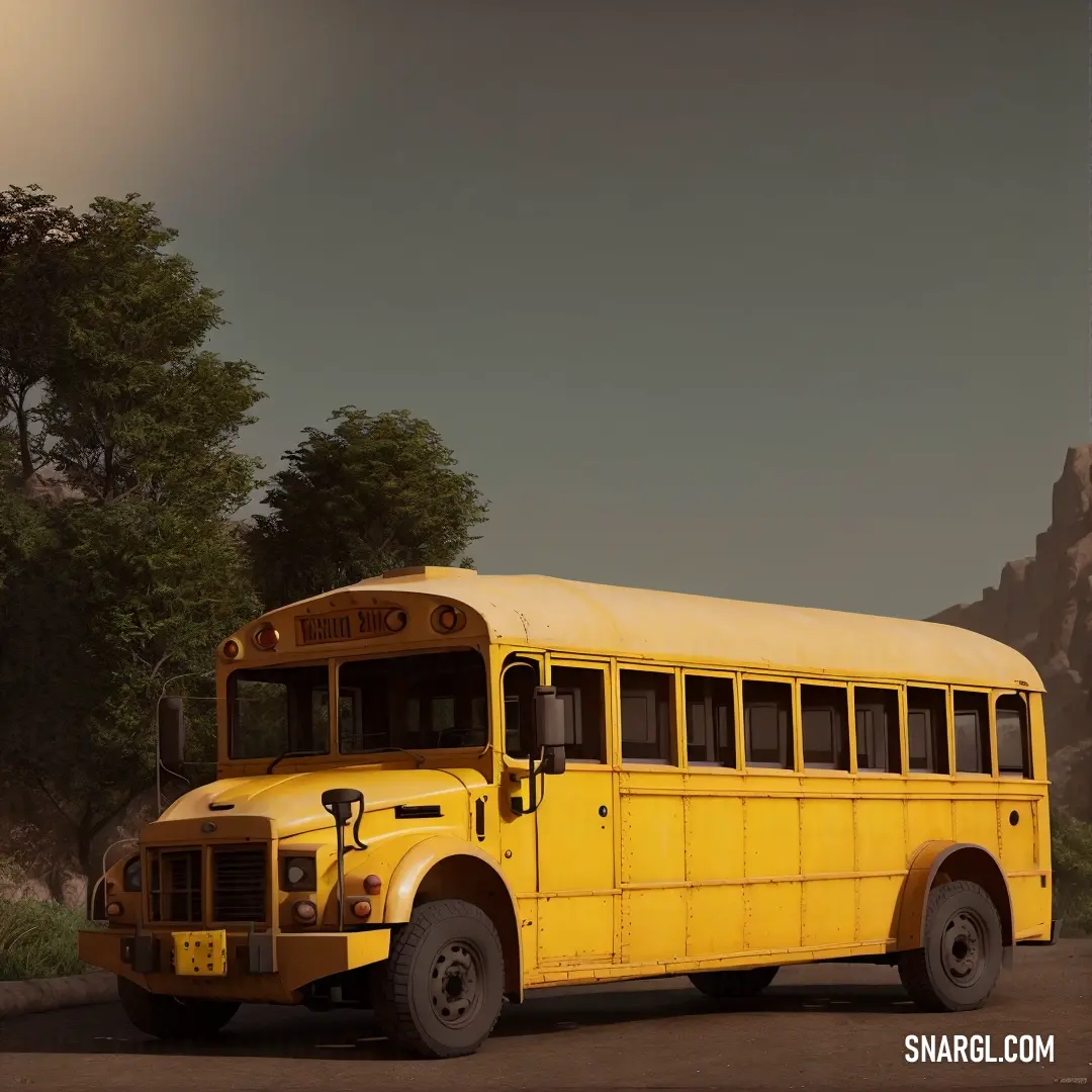 Yellow school bus parked in a parking lot next to a mountain range and trees in the background. Color CMYK 0,20,100,5.