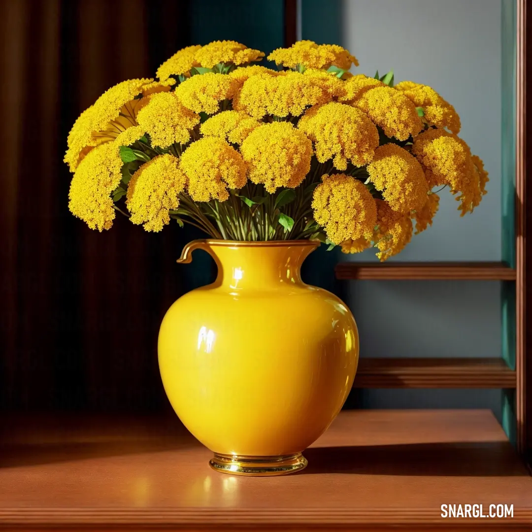 Yellow vase with yellow flowers in it on a table next to a mirror and a window with curtains. Example of CMYK 0,20,100,5 color.