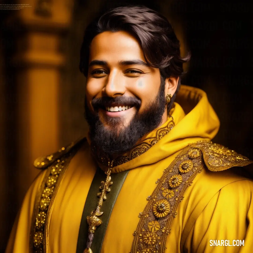 Man with a beard and a yellow outfit smiling at the camera with a smile on his face. Example of NCS S 1080-Y10R color.