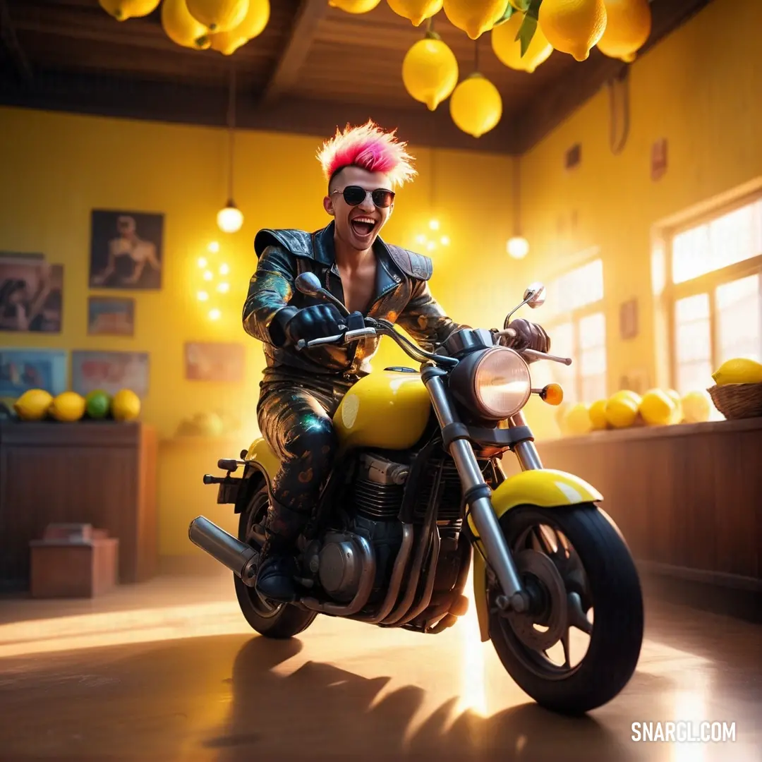 Man with pink hair riding a yellow motorcycle in a room with lemons hanging from the ceiling and a chandelier. Example of CMYK 0,30,100,0 color.