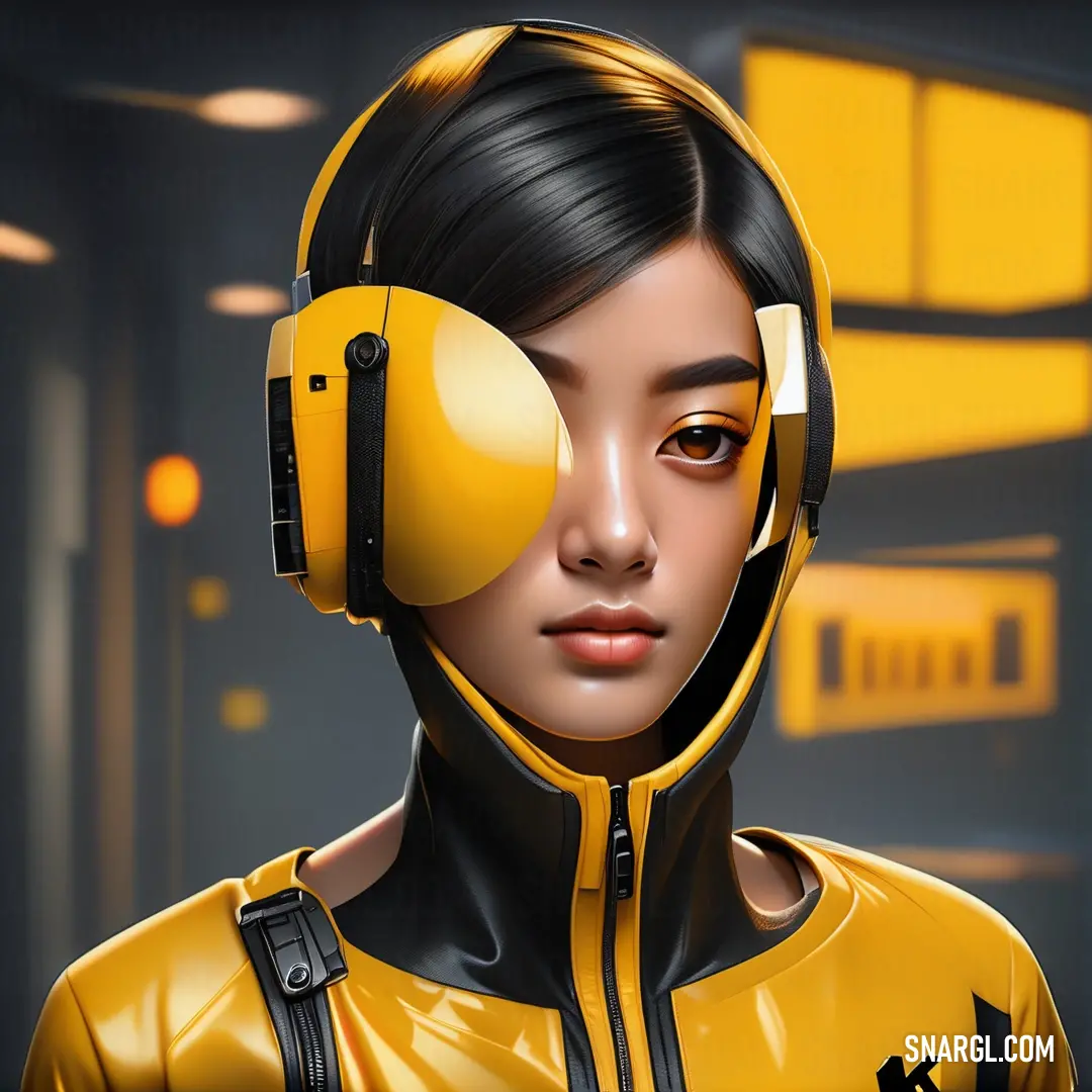 NCS S 1080-Y10R color example: Woman in a yellow suit with headphones on her head
