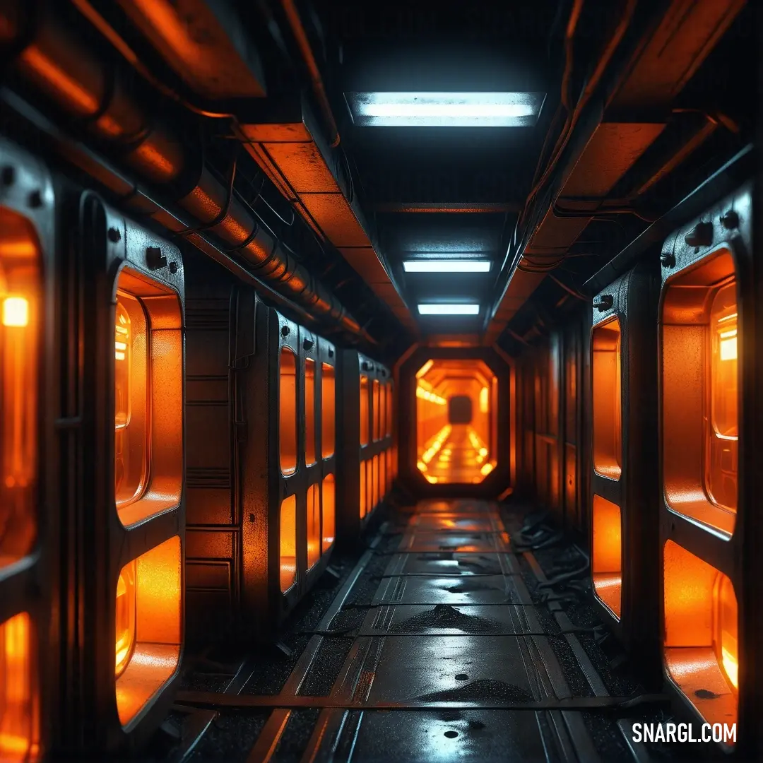 Long hallway with orange lights and a long hallway between it is a dark room with a long corridor. Color RGB 236,98,0.