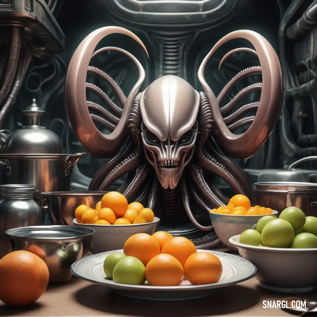 NCS S 1080-Y40R color. Painting of a alien head surrounded by bowls of fruit and vegetables on a table with a plate of oranges