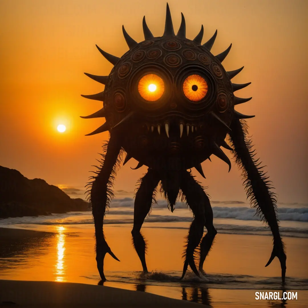 NCS S 1080-Y40R color. Strange looking creature on the beach at sunset with the sun in the background
