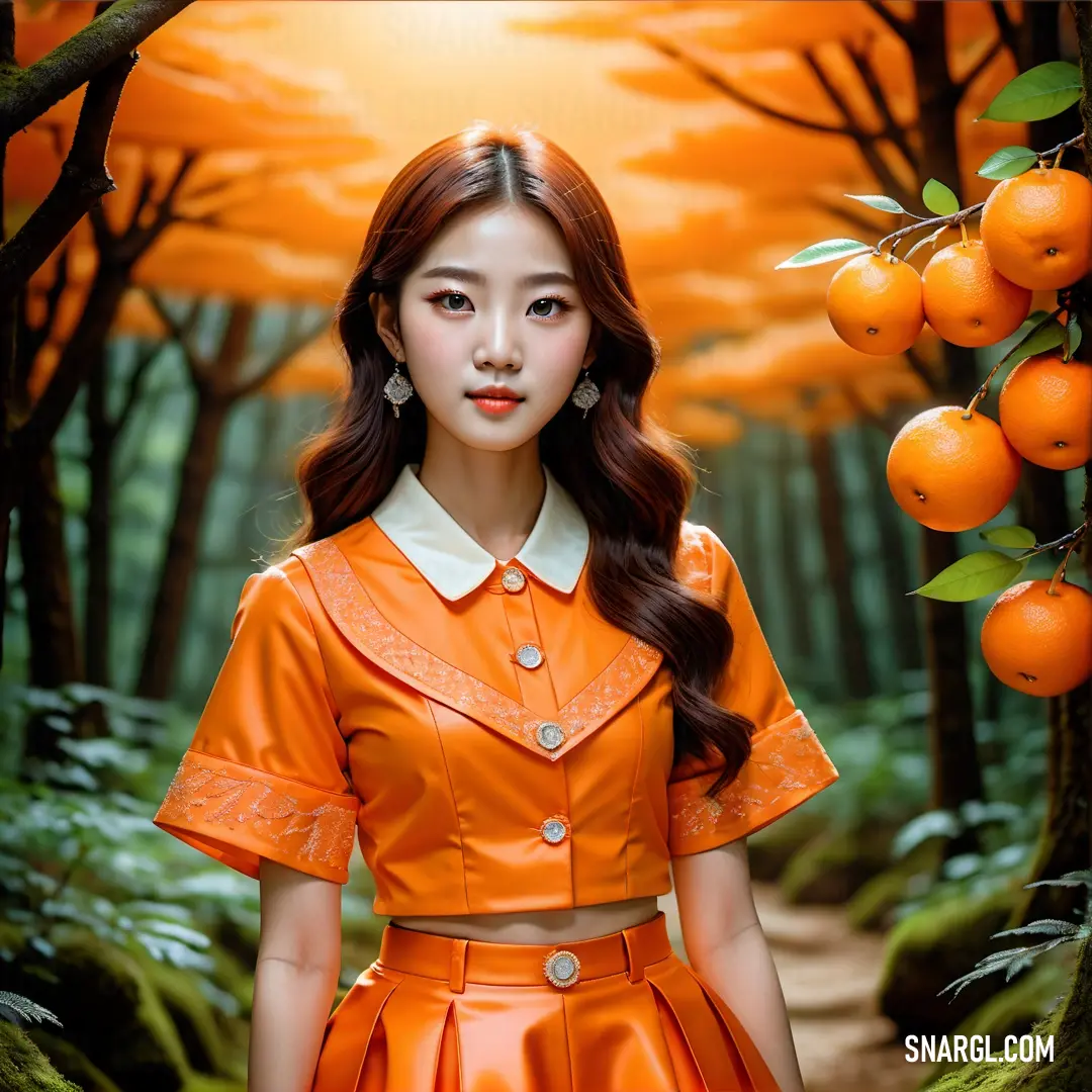 Woman in an orange dress standing in a forest with orange trees and oranges on the ground and a path leading to the trees