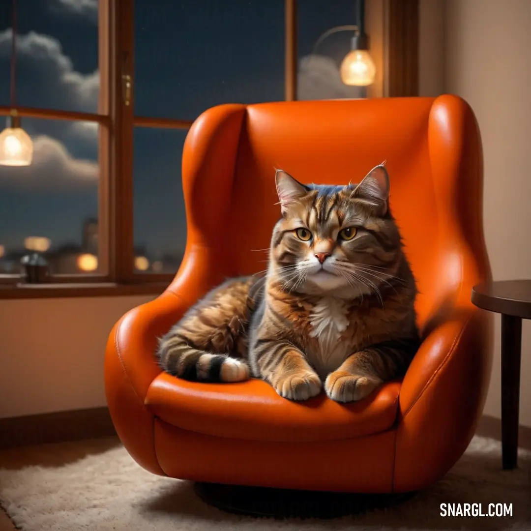 Cat in a chair in a room with a window and a table with a lamp on it. Color NCS S 1080-Y50R.