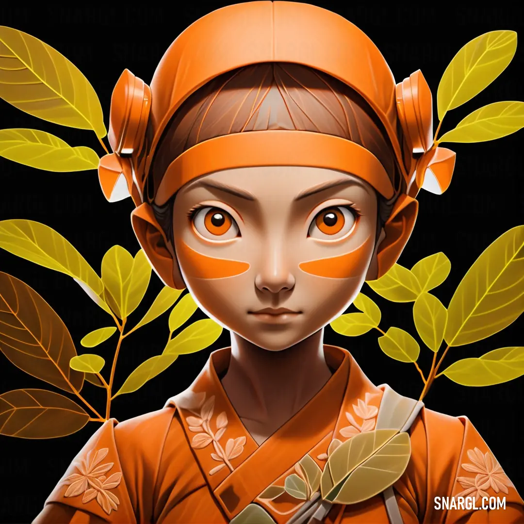 Girl with orange painted on her face and a leafy branch in her hair. Example of RGB 235,97,0 color.