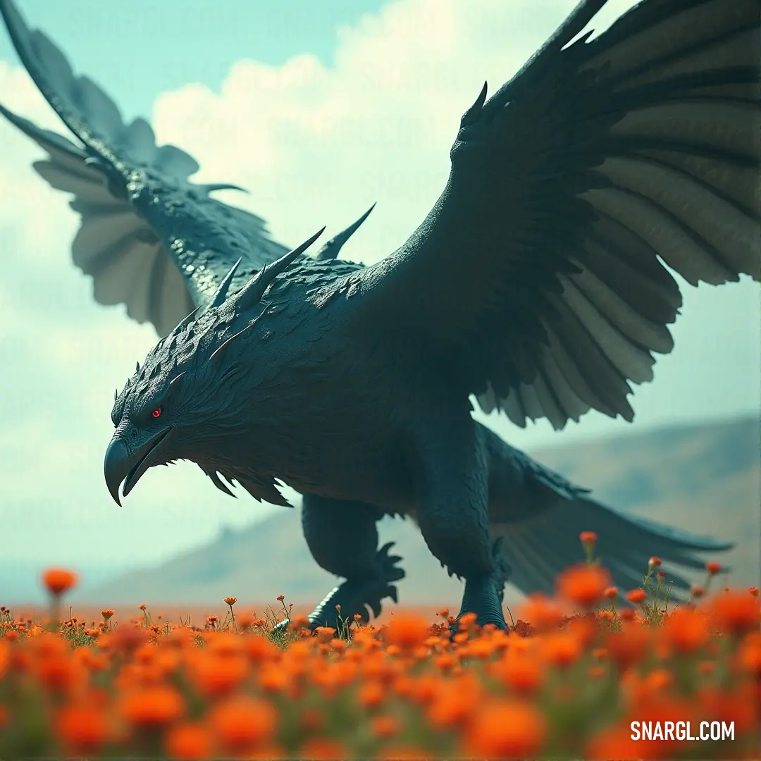 A magnificent bird with wings fully stretched out gracefully flies over a blooming field filled with vibrant orange flowers and distant mountains. Its majestic flight against the scenic backdrop epitomizes freedom and the breathtaking beauty of nature.