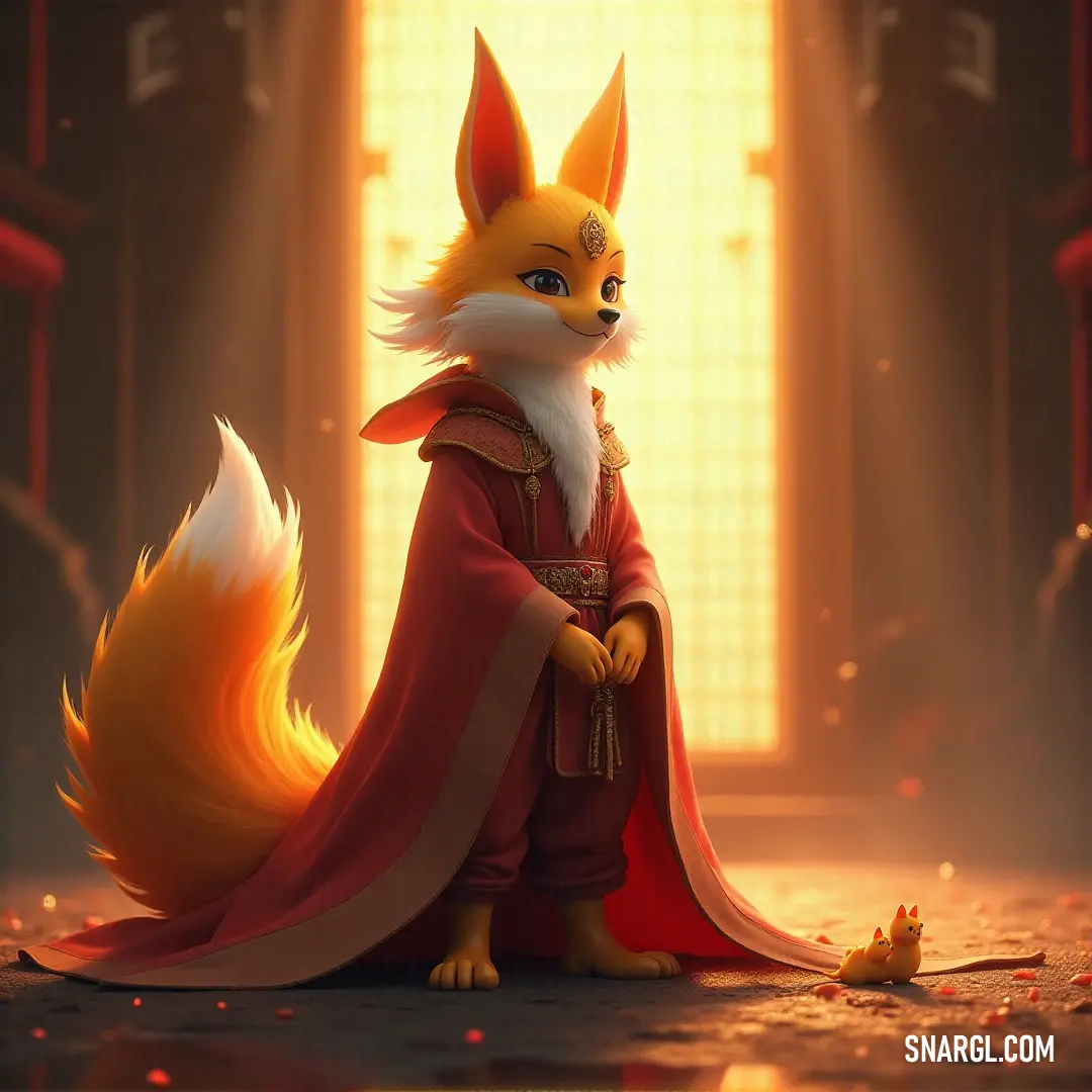 A cunning fox donned in a vivid red ensemble rests gracefully on the floor next to a window, where warm sunlight streams in, creating an inviting and cozy atmosphere.