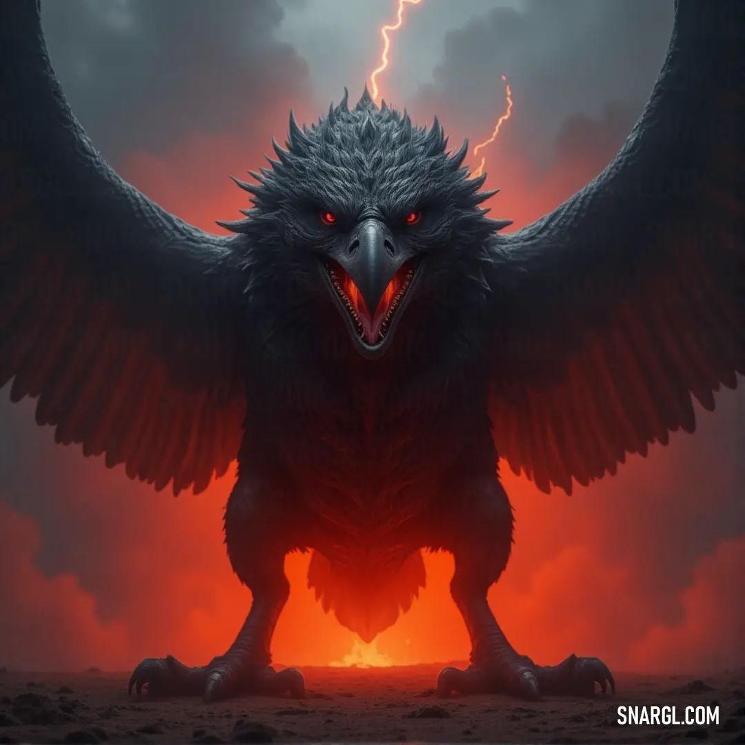 A colossal bird, featuring an enormous beak and expansive wings, stands against a backdrop of dramatic lightning flickering across the stormy sky. Its formidable presence is awe-inspiring, as it embodies the raw power of nature amidst an electrifying atmo