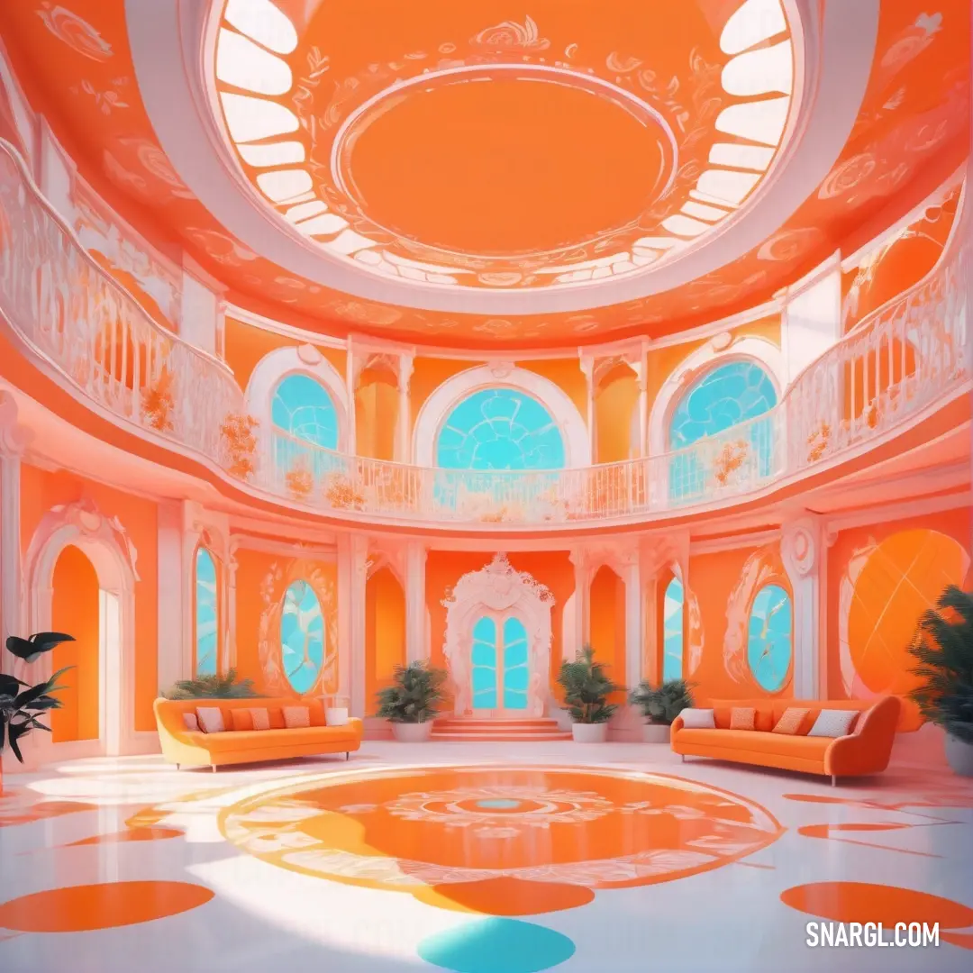 An expansive room featuring a stunning circular ceiling, bright orange chairs, and a unique circular window on the second floor. The inviting RGB color 231,72,0 creates an ambiance of warmth and creativity in this modern space.