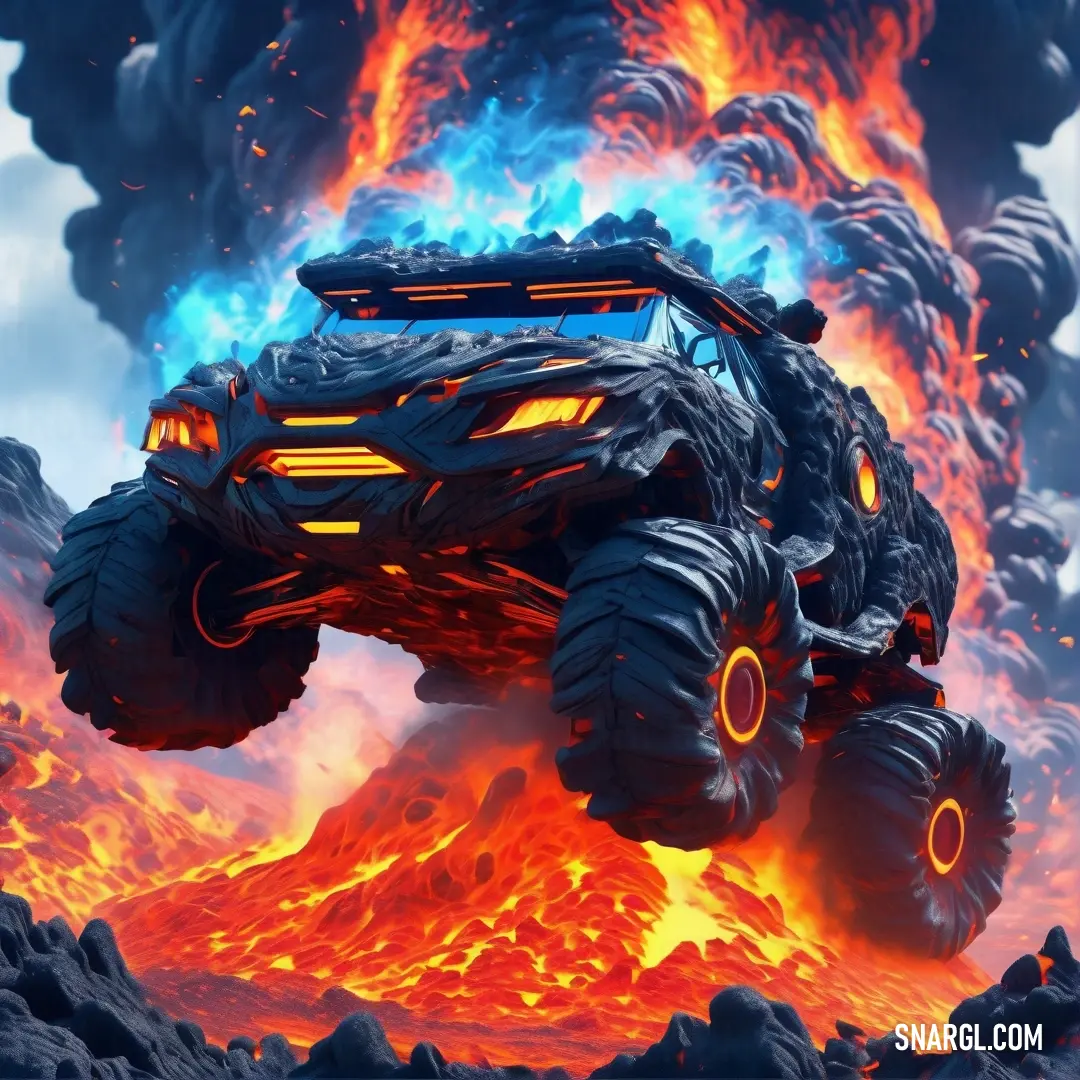 A powerful monster truck soars majestically over a rugged, lava-drenched mountain, its wheels radiating bright lights against the fiery landscape, embodying the fusion of strength and daring adventure in an otherworldly environment.