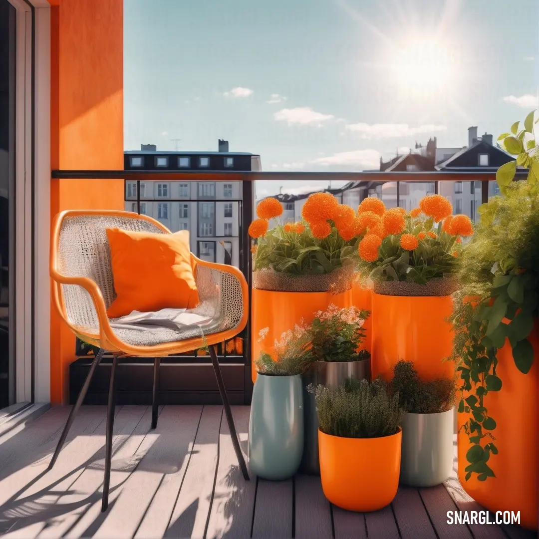 A charming balcony adorned with a cozy chair and a colorful assortment of flowers, providing a perfect spot to unwind while enjoying a peaceful view of the surroundings.