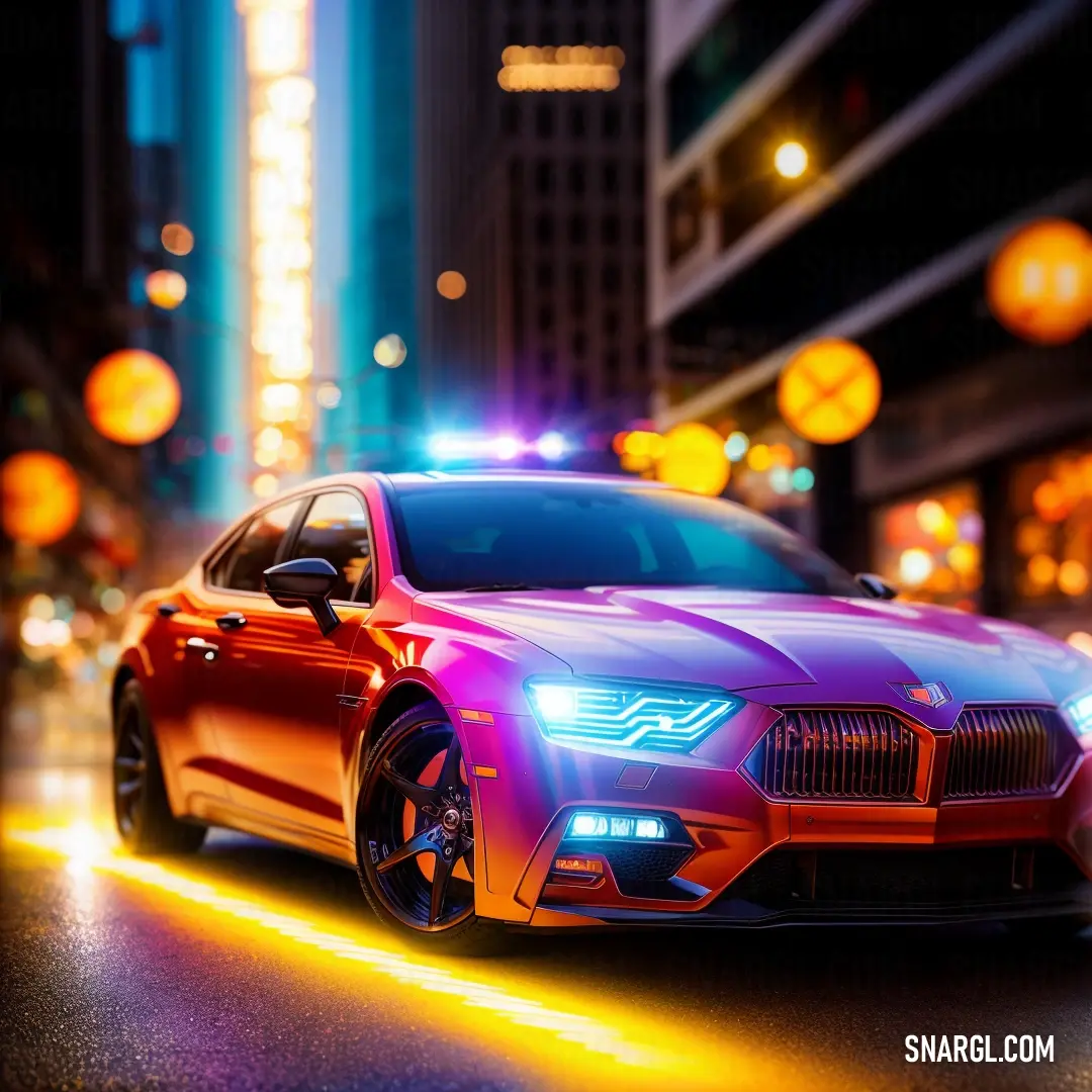 A car zooms down a city street at night, its headlights glowing while a police light flashes on top, illuminating the dark urban surroundings with vibrant, energetic lights.