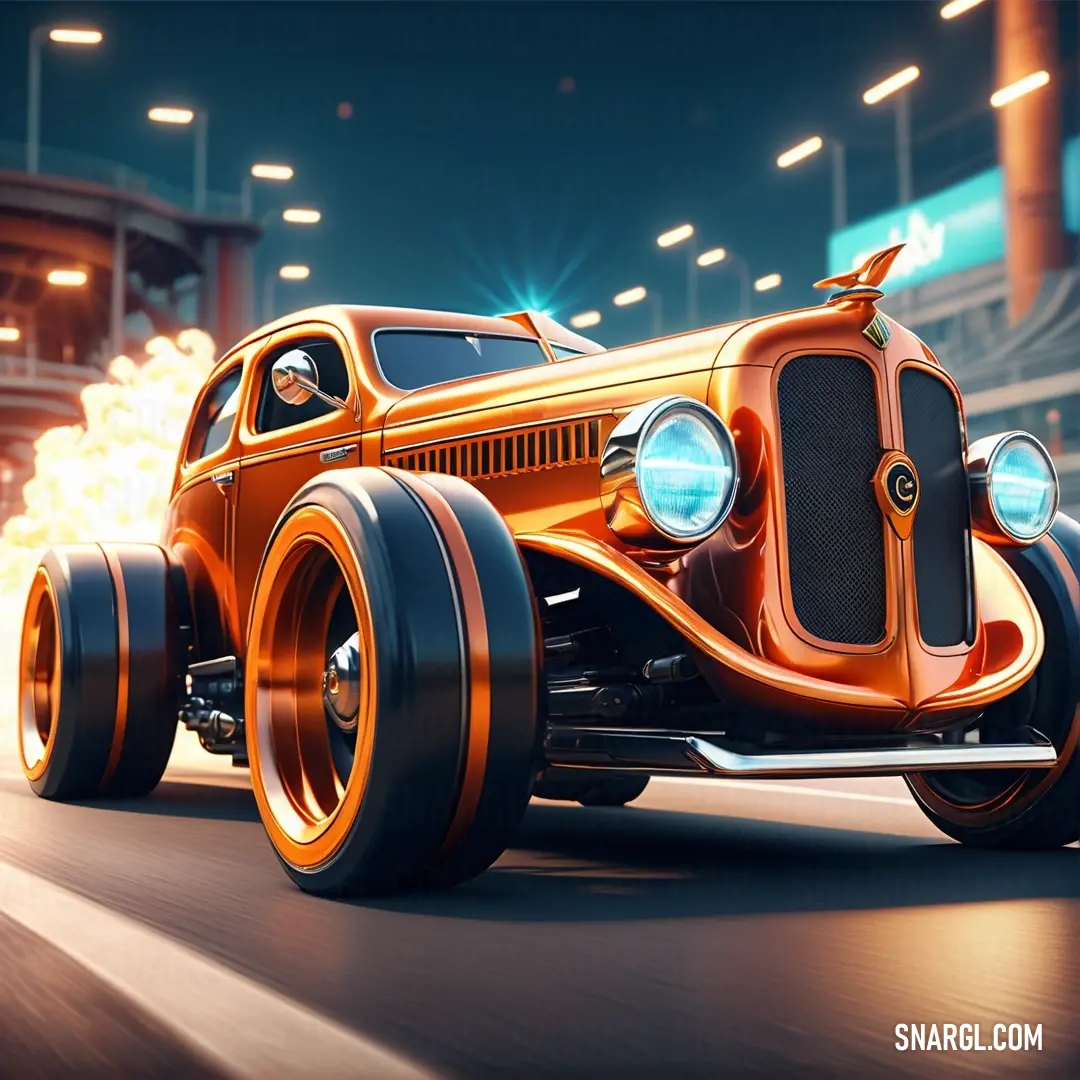 A vibrant car adorned with exaggerated flame graphics races down a lively night street, its headlights illuminating the surroundings as urban lights flicker in the distance, showcasing the intense energy of the city at night.